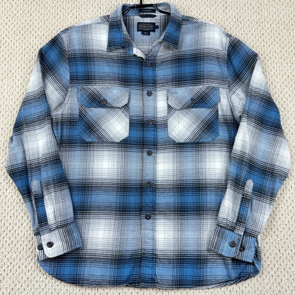 Pendleton Burnside Shirt Mens L Blue Gray Flannel Plaid Button Up Long Sleeve